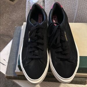 Adidas Black Sleek Sneakers with Pink Accents